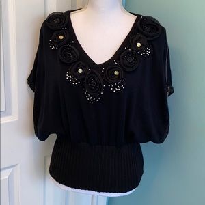 Forla Paris Beaded Dolman Sleeve Black Top